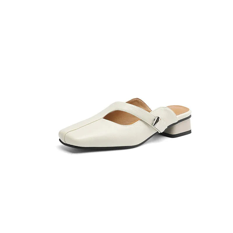 British style square toe outdoor slippers in black with low heel and rubber sole