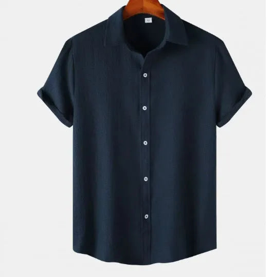 Men's casual short-sleeved cardigan shirt in polyester fabric showing colour options and relaxed fit