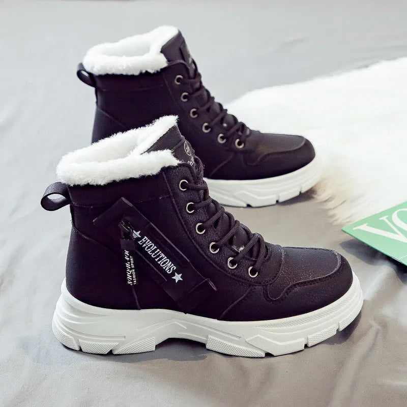 Women's plus size fleece-lined snow boots in tall crown design with mid heel and lace-up front