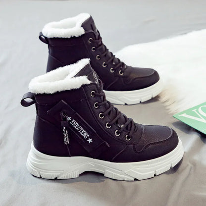 Women's plus size fleece-lined snow boots in tall crown design with mid heel and lace-up front