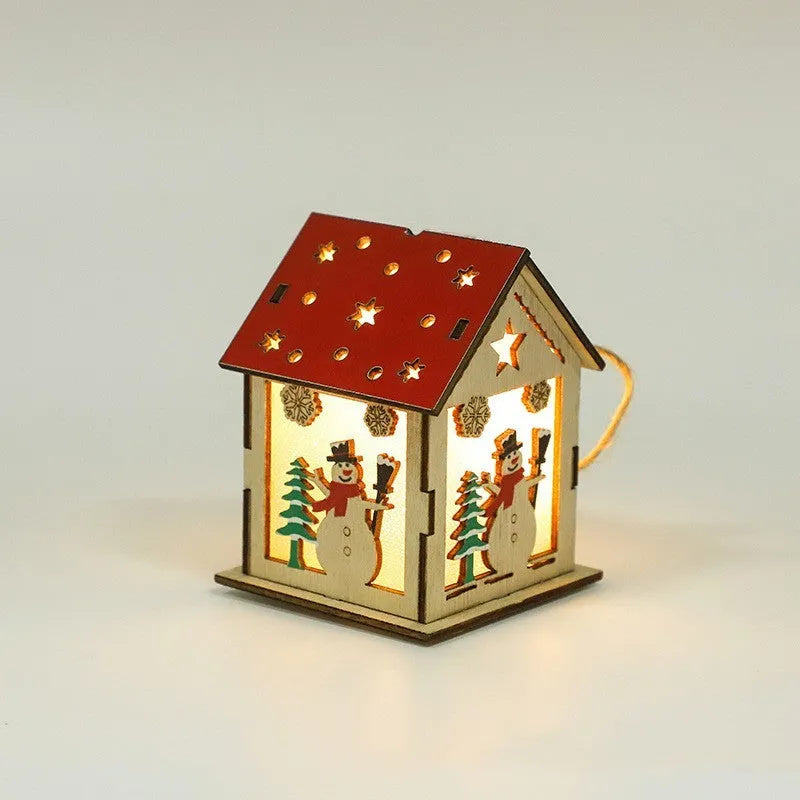 Wooden festive pendant with LED illumination in snowman, Santa Claus, or elk design measuring 7cm by 7cm by 9cm