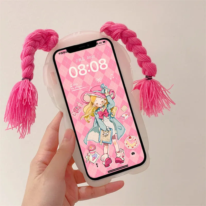 Silicone iPhone case with summer cartoon design featuring pink braid green swimsuit girl motif for fall protection, compatible with iPhone 11 12 13 14 Pro and Pro Max models in back cover style