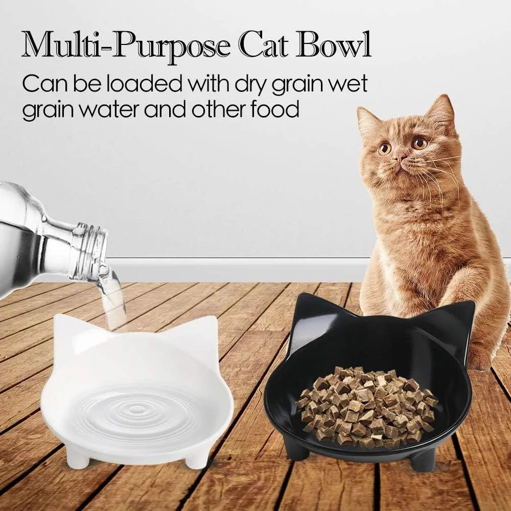 White melamine pet food bowl with shallow dish and non-slip black rubber base on a wooden floor.