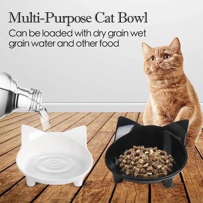 White shallow melamine pet bowl with non-slip black rubber base for cats and small dogs.
