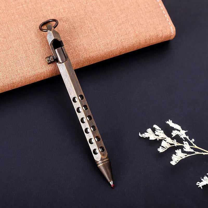 Brass hexagonal bolt pen with retro design showing 6-angle construction and 0.5mm writing tip