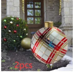 Large 60cm inflatable PVC Christmas decoration ball in bright colours for outdoor garden or tree display.