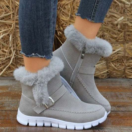 Plush ankle snow boots with buckle design and soft, warm lining for women in various color options