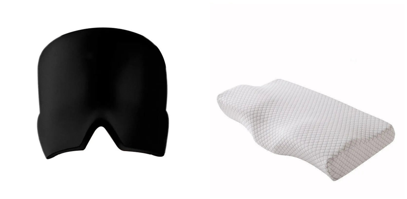 Black elastic cloth gel cold compress eye mask for headache relief on a grey background.
