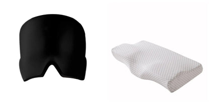 Black elastic cloth gel cold compress eye mask for headache relief on a grey background.