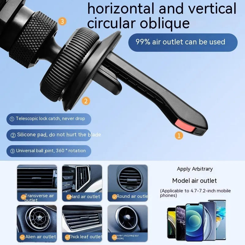 Aluminium alloy car mobile phone holder showing snap-on air vent clip and adhesive dashboard mount versions in black colour.