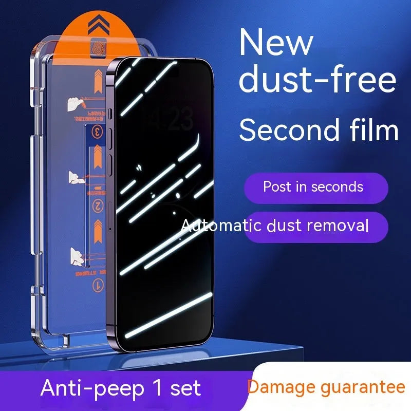 Dust-free warehouse tempered glass screen protector for iPhone showing frosted finish and second sticker box.
