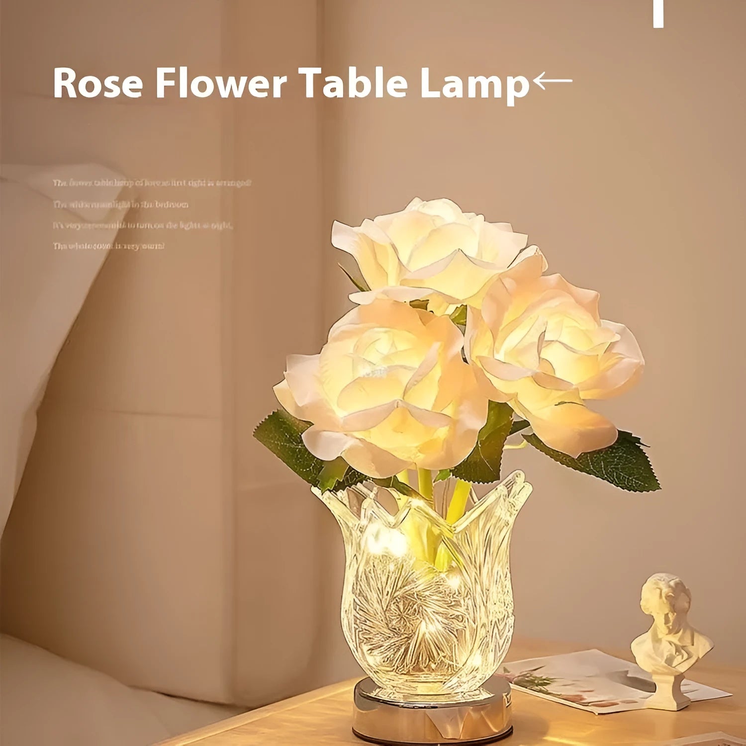 Modern crystal flowers design rechargeable touch dimming table lamp on a wooden surface.
