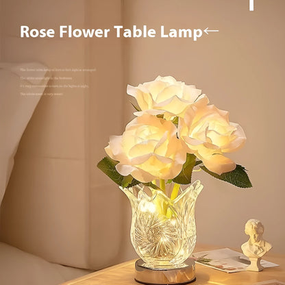 Modern crystal flowers design rechargeable touch dimming table lamp on a wooden surface.