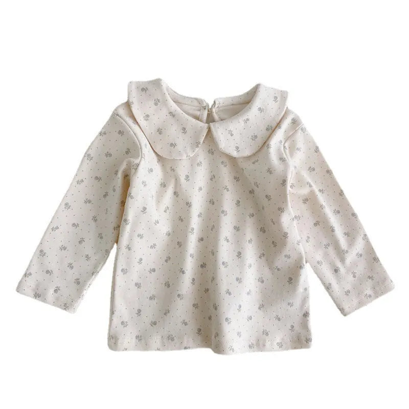 Baby girl long sleeve cotton top with lapel collar in plaid, Little Flower or white, sizes 66cm to 100cm