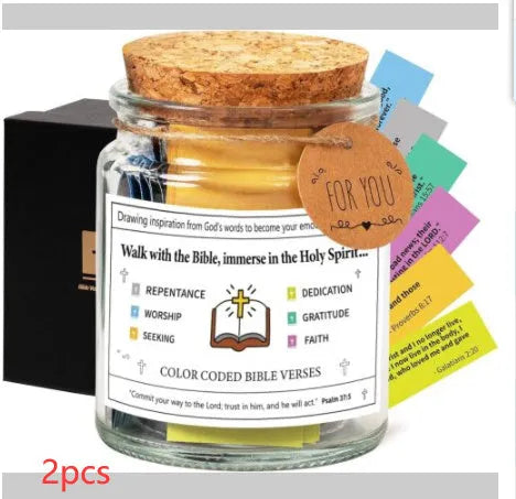 Glass Bible verses jar with cartoon design containing 90 rolled scripture papers in multiple colour options