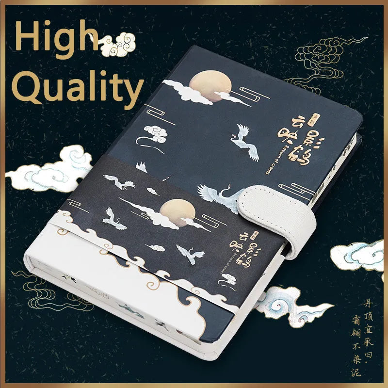 A5 wire-bound retro style notebook with colourful illustrated cover, shown with included pen.