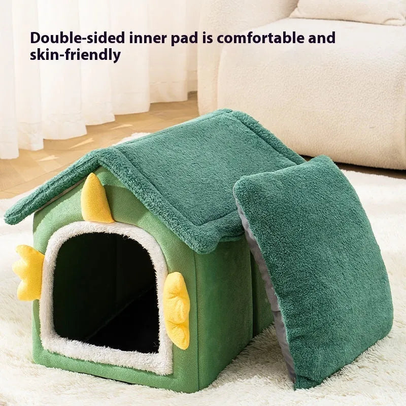 Large grey enclosed cat bed with soft cushion and blanket inside, shown next to a medium and small size.