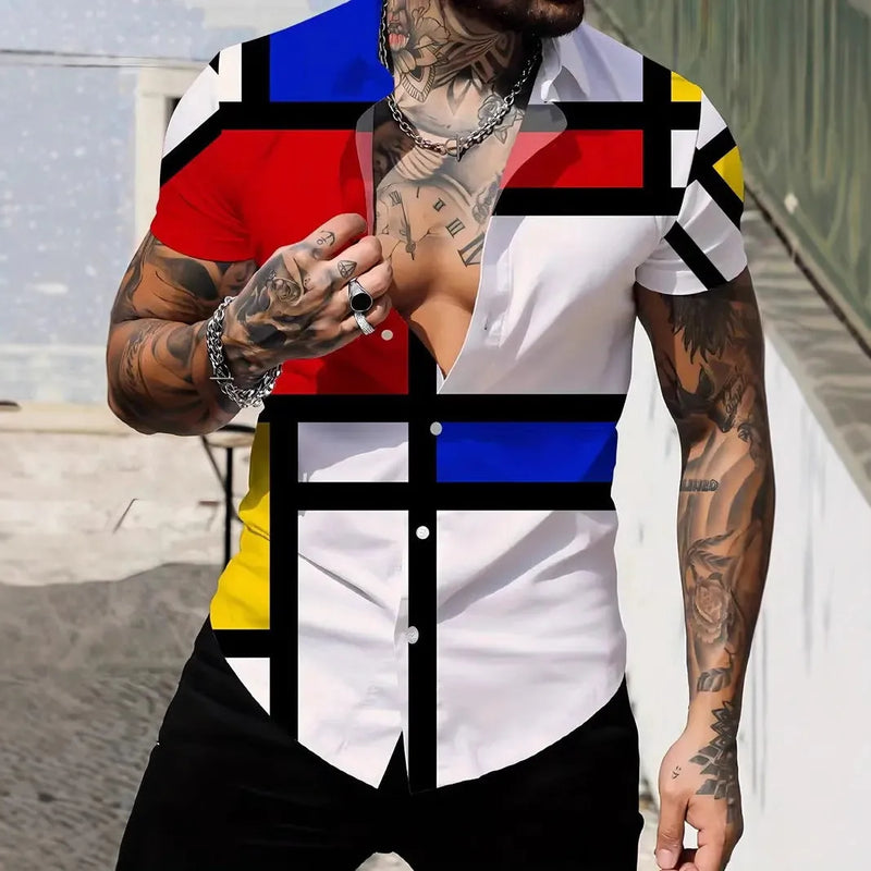 Men's short sleeve shirt with geometric line printing and lapel style, polyester slim fit casual summer shirt available in multiple colours from DXCS0405028 to DXCS0407004 with sizes from S to XXXXL