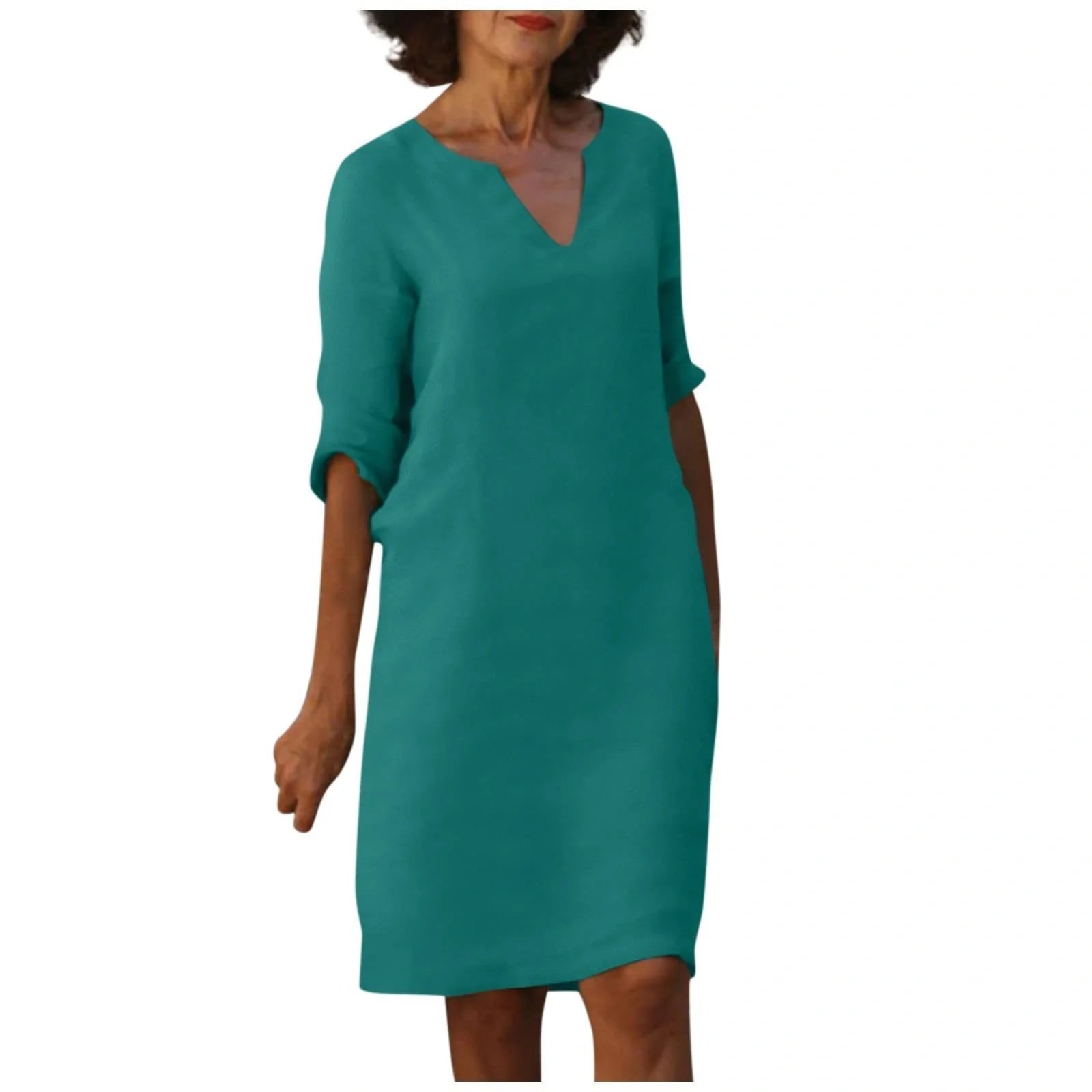 Retro cotton and linen V-neck dress with high waist and summer stitching in various colours