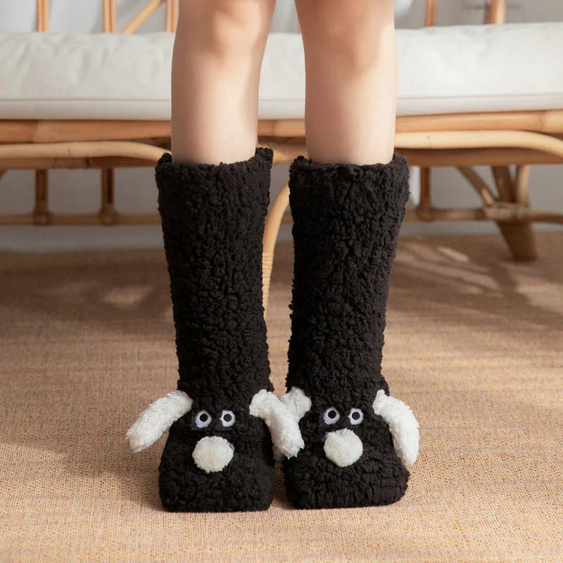 Cozy cartoon dog-themed floor socks in a variety of adorable designs, featuring soft acrylic fabric and non-slip soles