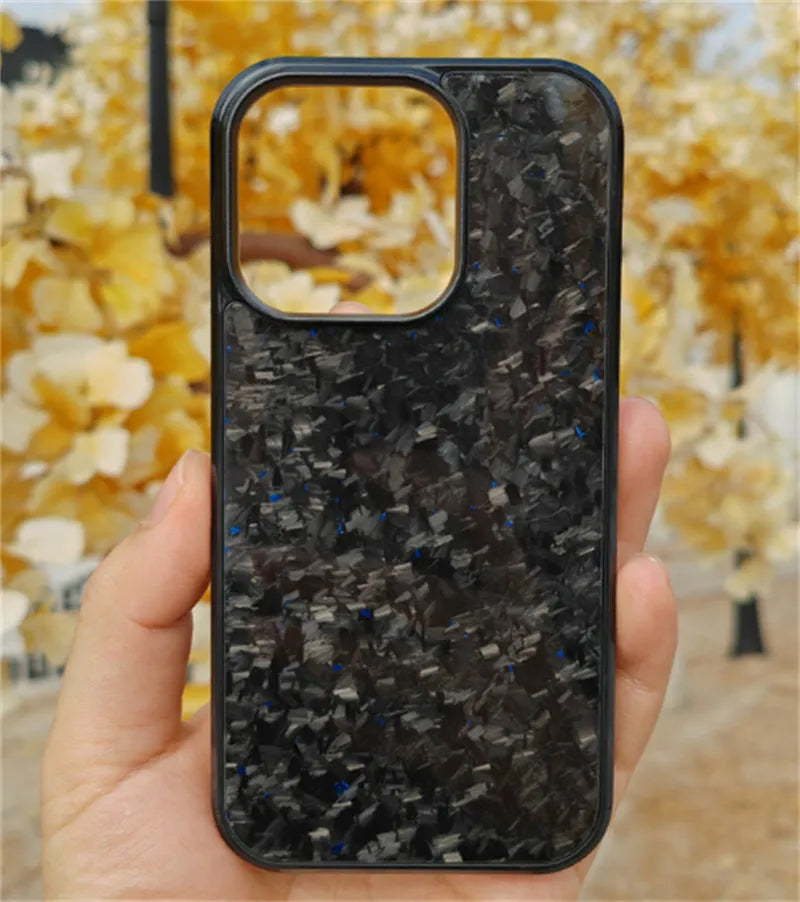 Magnetic plastic phone case for iPhone 12-15 in seven colours including Classic Carbon and Forged Blue.