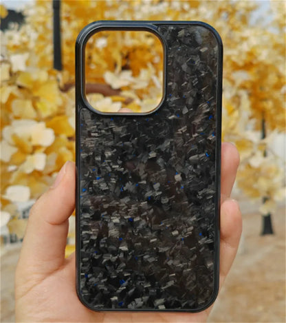Magnetic plastic phone case for iPhone 12-15 in seven colours including Classic Carbon and Forged Blue.