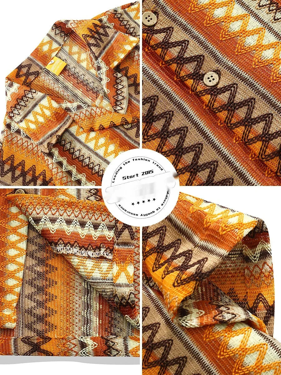 Ethnic woven shirt with contrasting colours and Cuban collar in loose fit with drop shoulders