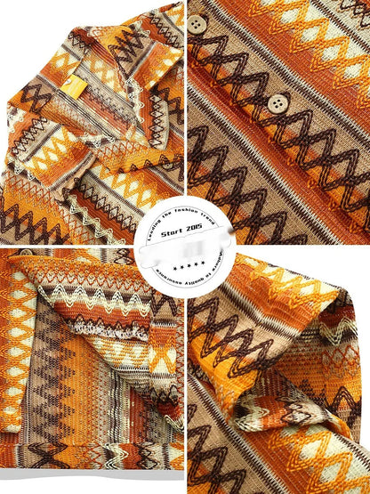 Ethnic woven shirt with contrasting colours and Cuban collar in loose fit with drop shoulders