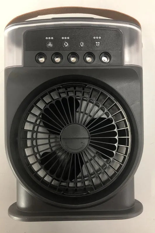 Black portable USB air cooler fan with adjustable head, leather handle, and removable water tank on a desk.