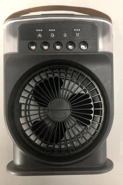Black portable USB air cooler fan with adjustable head, leather handle, and removable water tank on a desk.