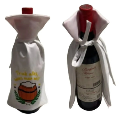 Two-tone cloth wine bottle cloak on a champagne bottle for Christmas decoration.