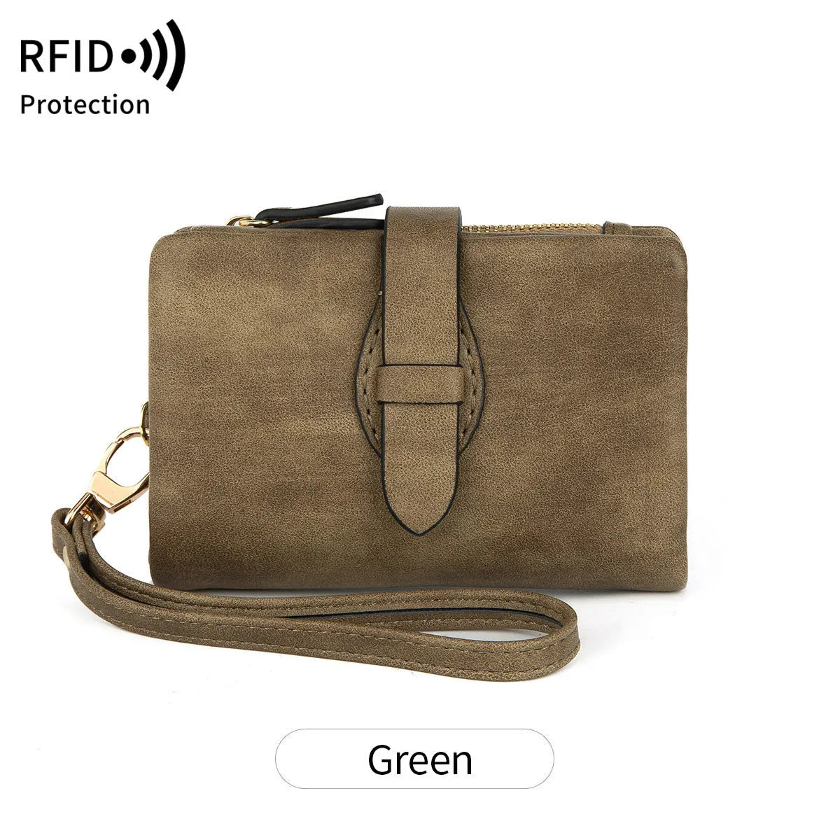 RFID women's short wallet in PU leather with sewing line detail, available in eight colours
