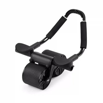 Black abdominal exercise wheel with automatic rebound function alongside red and black NBR yoga mat