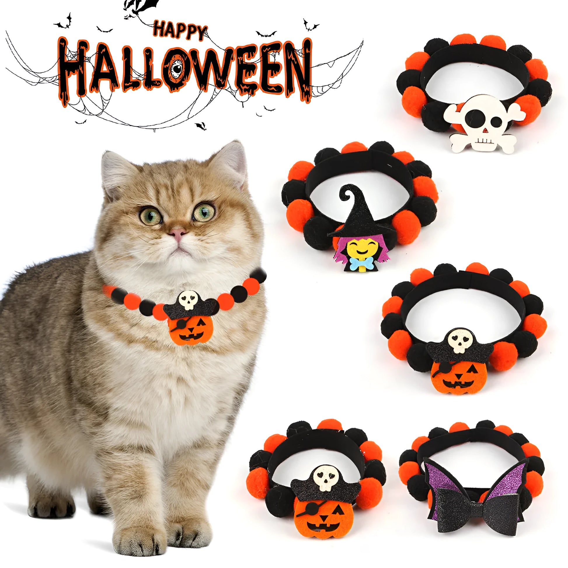 Halloween pet collar with fur ball decoration in pumpkin design
