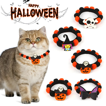 Halloween pet collar with fur ball decoration in pumpkin design