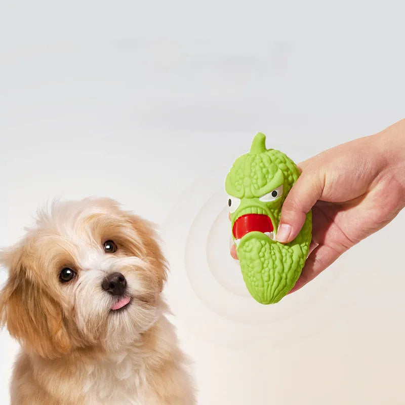 Bitter melon and chilli shaped dog toys with textured surfaces for tooth cleaning