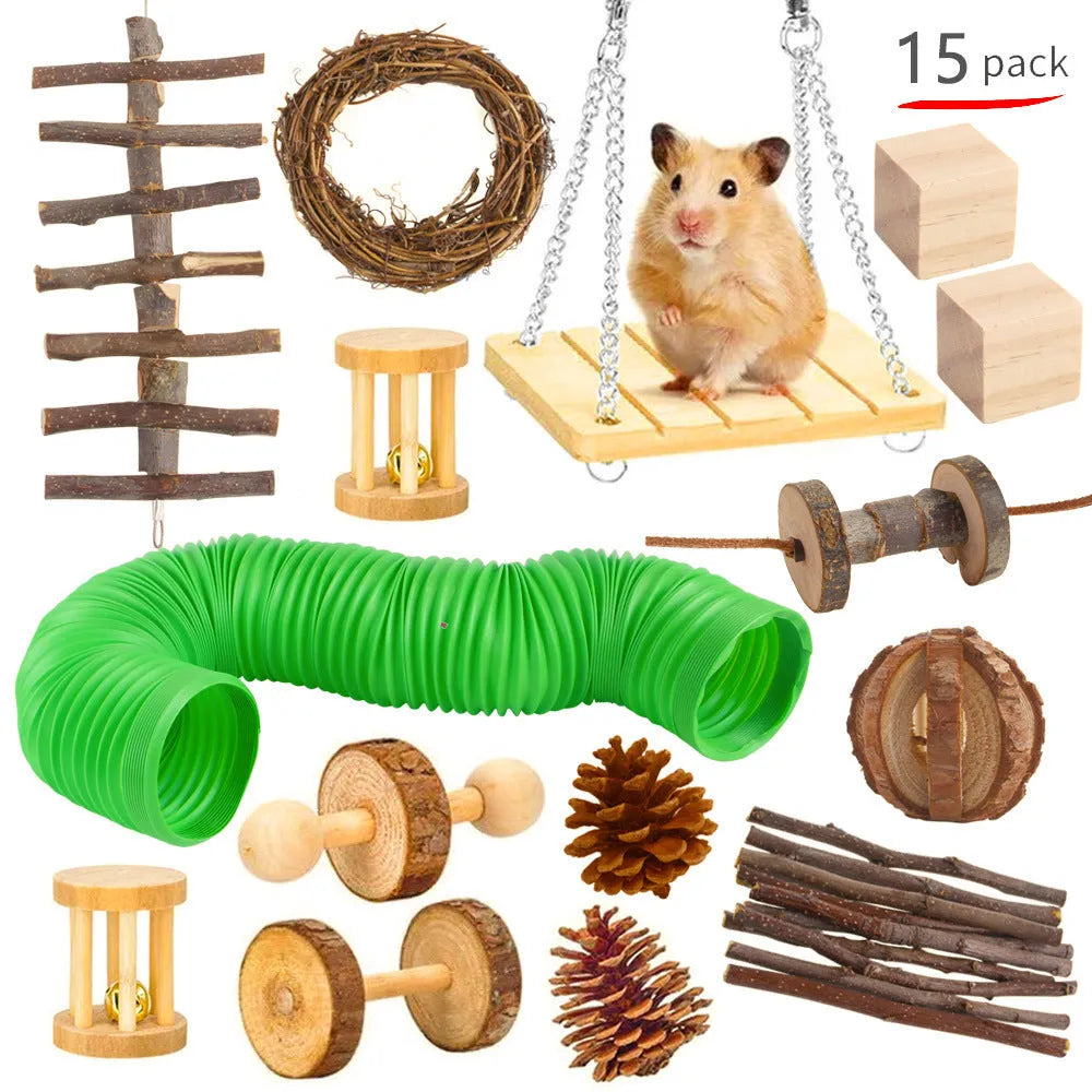 Assorted natural wooden chew toys for small pets including balls, rings, and mats on a plain background.