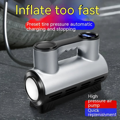 Compact black 12V portable car tyre inflator with digital display, pressure gauge, and power cable