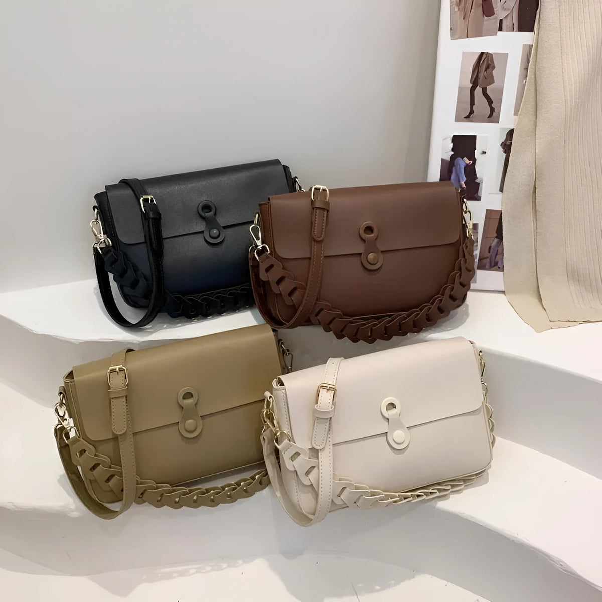 Women's PU leather shoulder bag with woven chain strap, medium square shape, 28cm width, 17cm height, in black