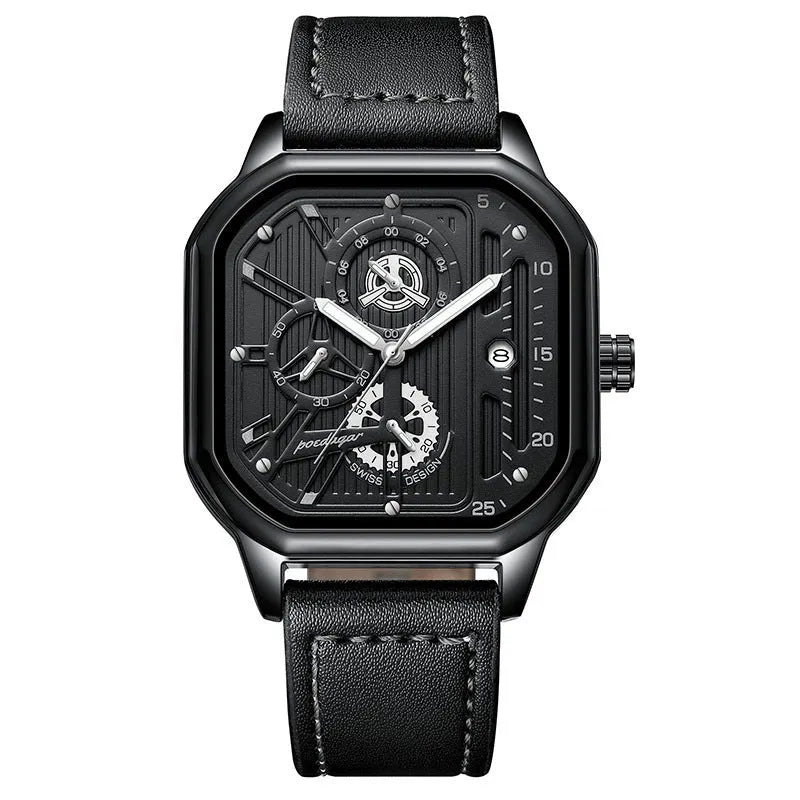 Men's black and gold belt-style quartz sports watch on wrist, 8mm thick case.