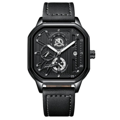 Men's black and gold belt-style quartz sports watch on wrist, 8mm thick case.