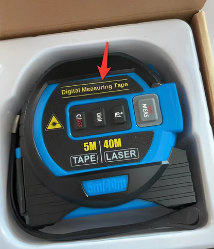 Blue and yellow laser tape measure showing laser cross projection and extended 5m steel tape