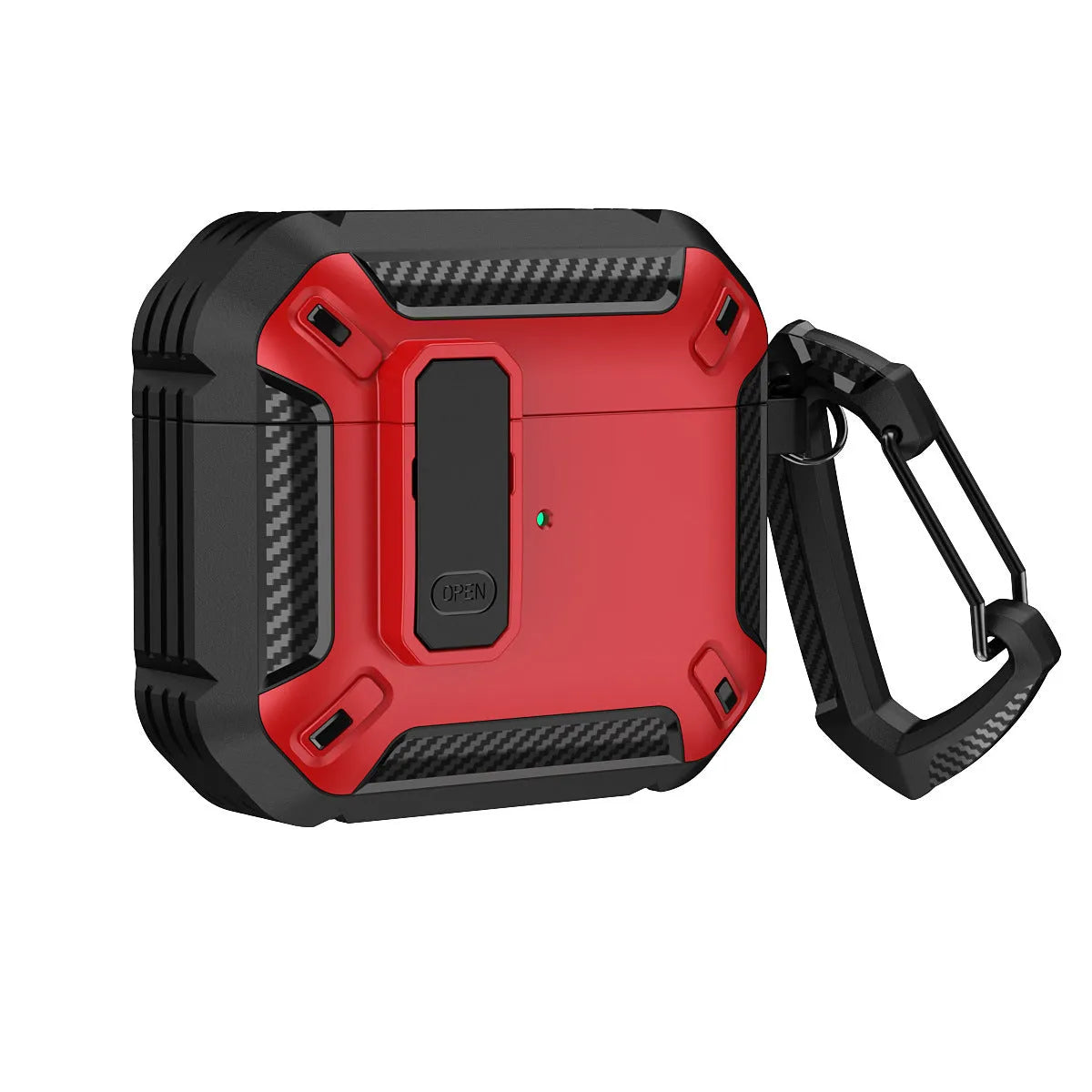 Hard plastic clamshell case for AirPods with a carabiner hook attached, shown in a black and yellow two-tone colour.