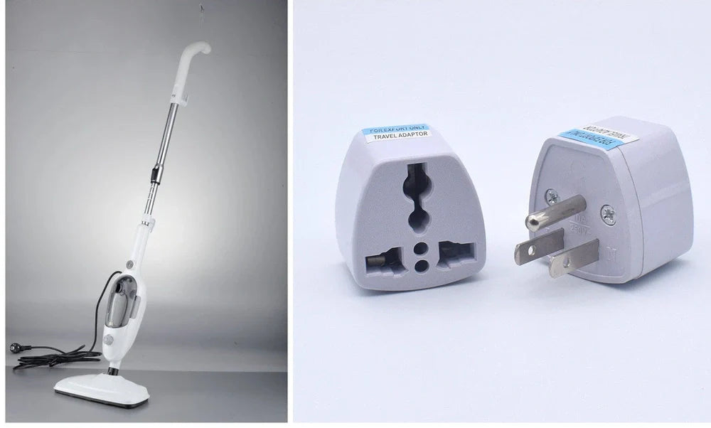 White multifunctional steam mop with 22x29x120cm dimensions, 10-in-1 accessories, and rectangular base for floor cleaning