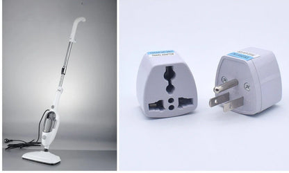 White multifunctional steam mop with 22x29x120cm dimensions, 10-in-1 accessories, and rectangular base for floor cleaning