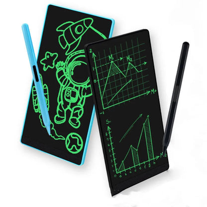 Blue student LCD handwriting tablet with stylus on a 6.5 inch screen for writing and arithmetic practice.
