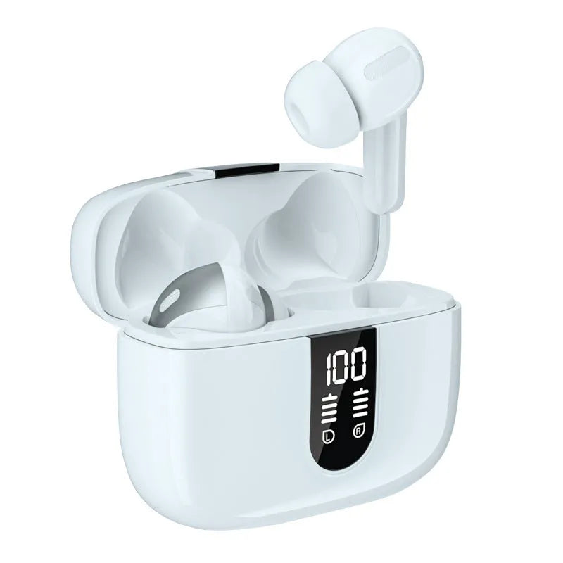 Jerry X08 wireless Bluetooth earbuds in charging case with digital battery percentage display.