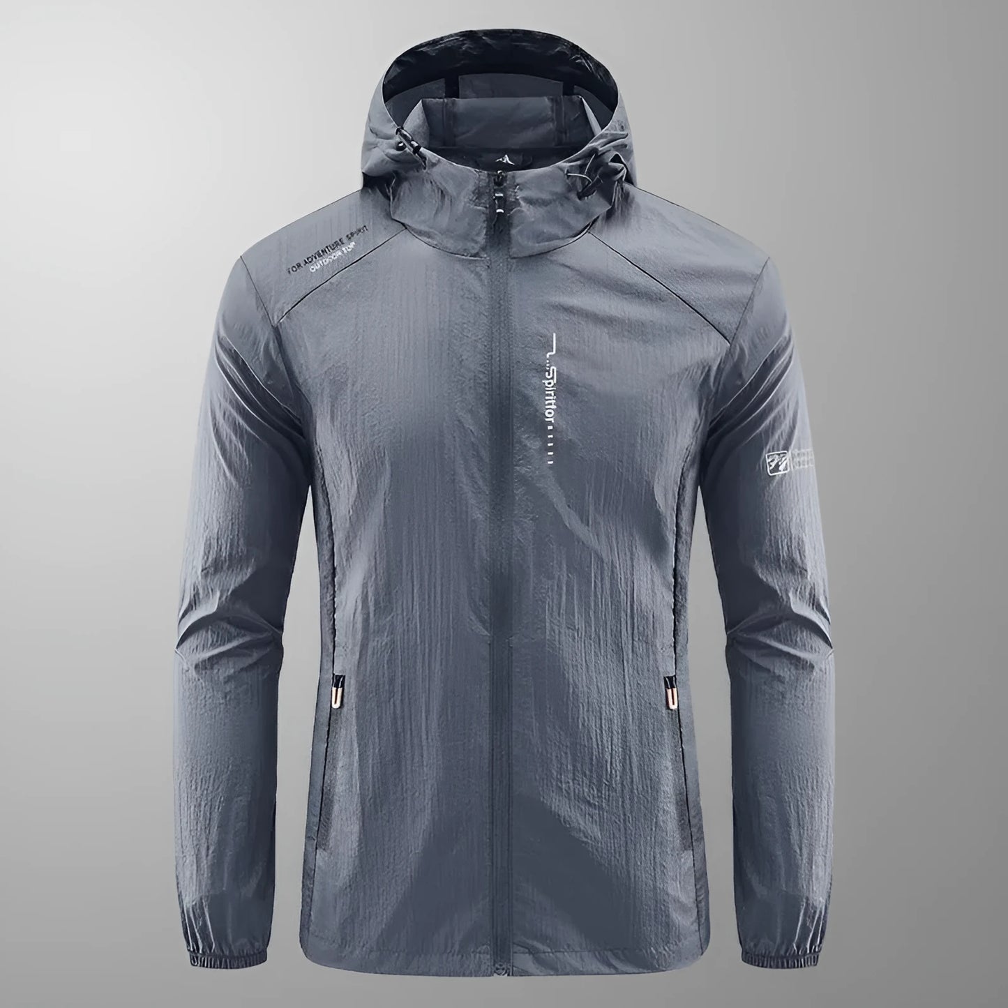 Men's lightweight nylon hooded jacket for sun protection in a loose fit, shown in dark blue.
