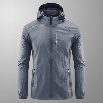 Men's lightweight nylon hooded jacket for sun protection in a loose fit, shown in dark blue.