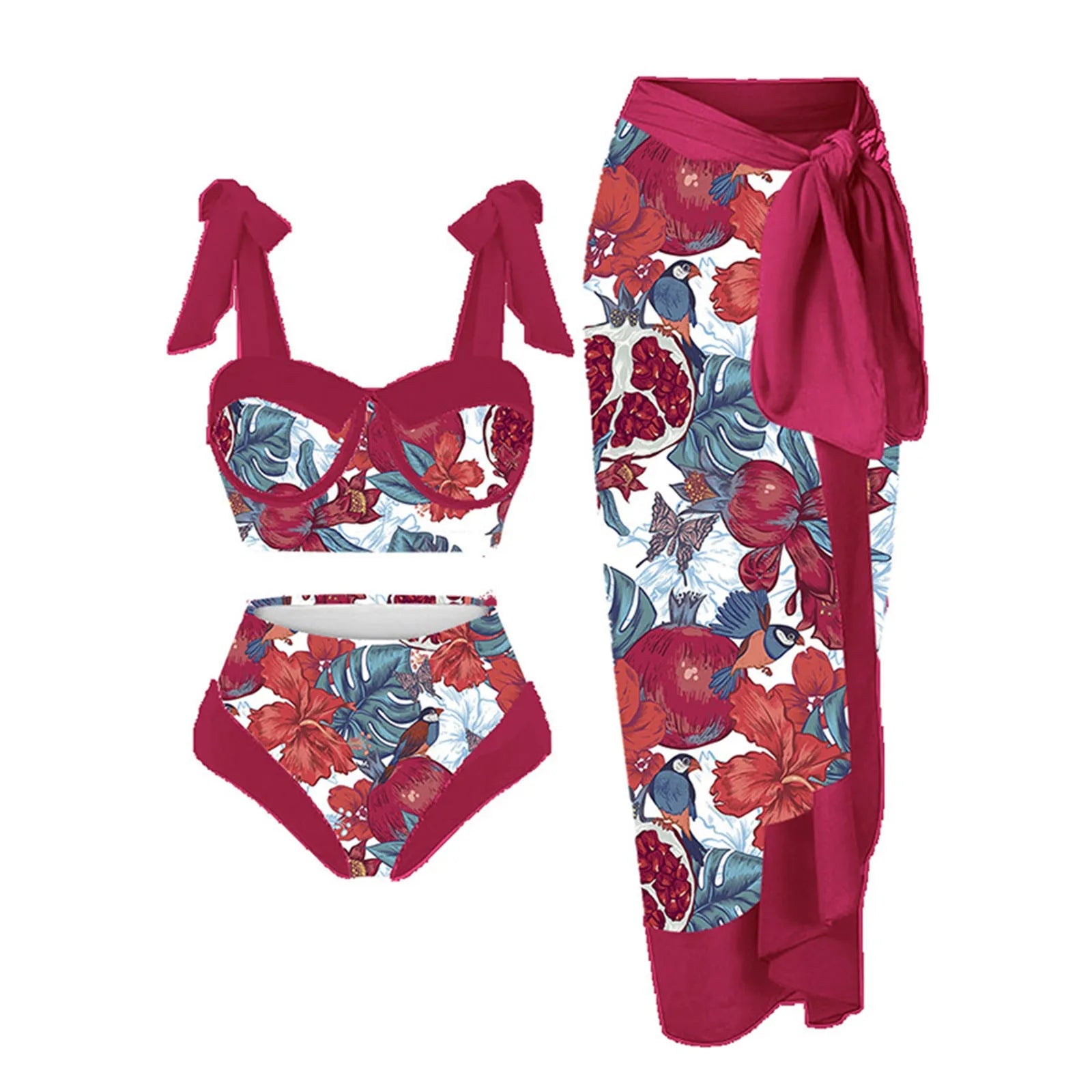 Women's pink and floral print split swimsuit three-piece set with skirt, bra, and panties.